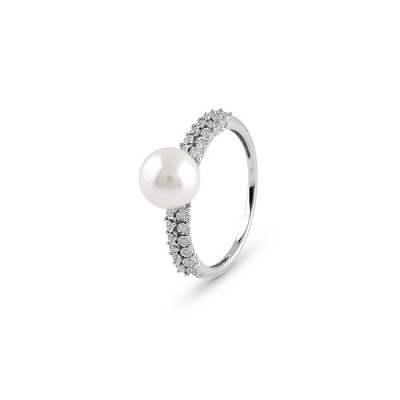 Anello Rugiada in oro bianco, perla e diamanti 0.1 ct.